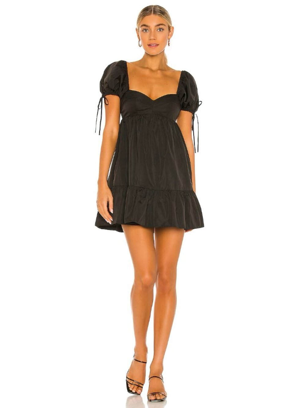 AMANDA UPRICHARD Sicily Black Taffeta Puff Sleeve Mini Babydoll Dress, Size M